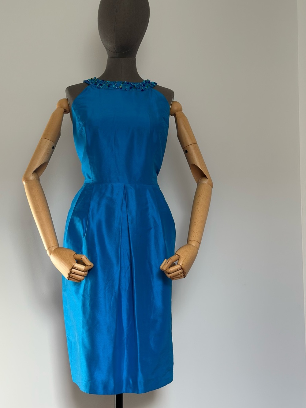 Silk Turquoise Sleeveless Beaded Dress Tulip Skirt